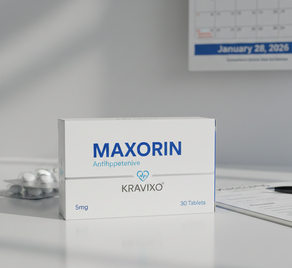 Maxorin természetes hipertónia étrend-kiegészítő kapszulák elegáns fehér és piros dobozban, orvosi minőségű csomagolásban, mellette vérnyomásmérő és sztetoszkóp, professzionális stúdió megvilágításban